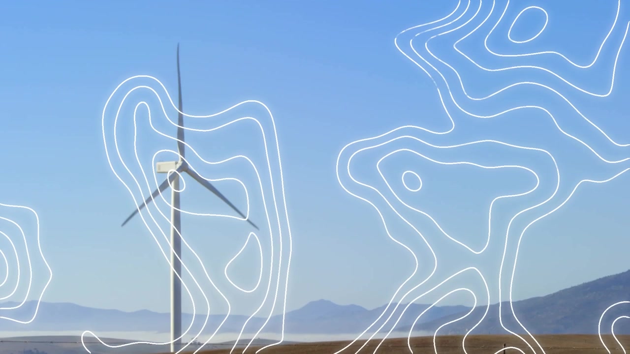 Animazione di linee bianche di una mappa su una turbina eolica.