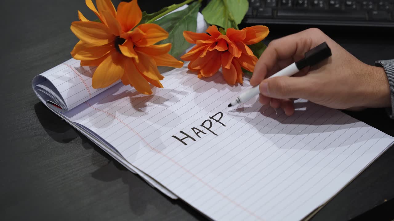 Close-up van hand die ‘Happy Valentine Day’ schrijft met hart op gelinieerd notitieblokpapier, oranje bloemen op een donkere tafelachtergrond, romantisch vakantiegroetconcept, kopieerruimte voor tekst, doe-het-zelf-kaartidee