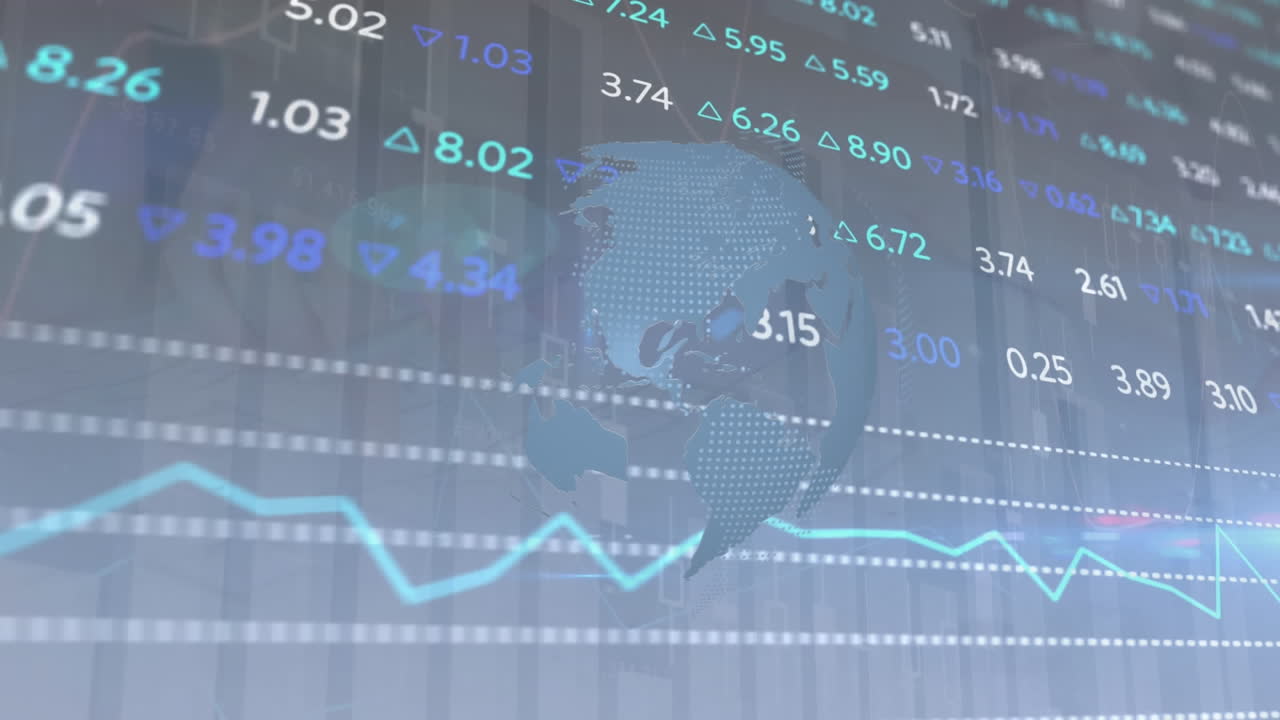 Animation of statistical and stock market data processing over spinning globe on grey background