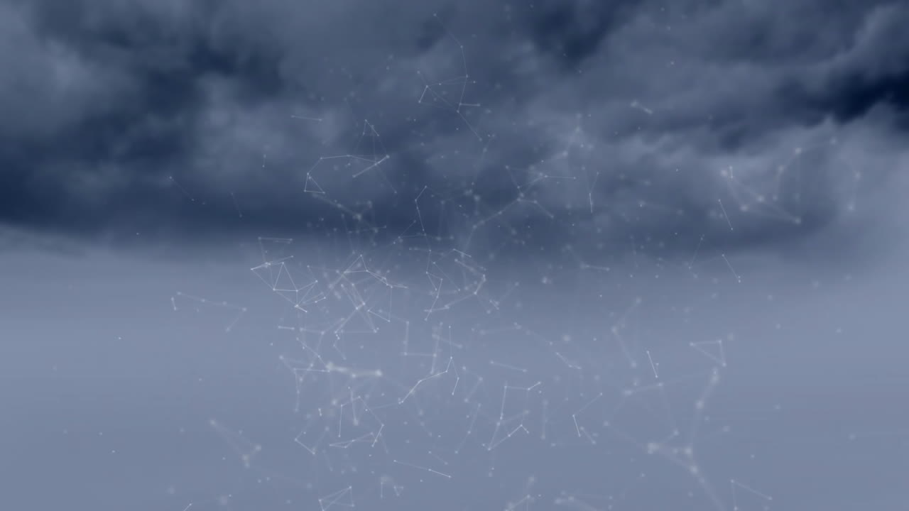 Glowing lines and nodes forming network over stormy sky in animation