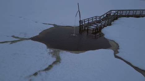 aerial view of a frozen spring in winter