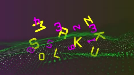 animation of changing pink numbers and yellow letters over moving green digital landscape on black