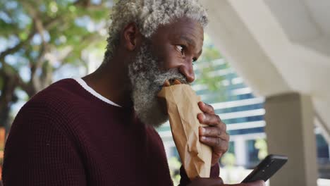 Afroamerikanischer-älterer-Mann,-Der-Im-Firmenpark-Einen-Snack-Isst-Und-Sein-Smartphone-Benutzt