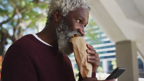 Hombre-Mayor-Afroamericano-Tomando-Un-Refrigerio-Y-Usando-Un-Teléfono-Inteligente-En-El-Parque-Corporativo