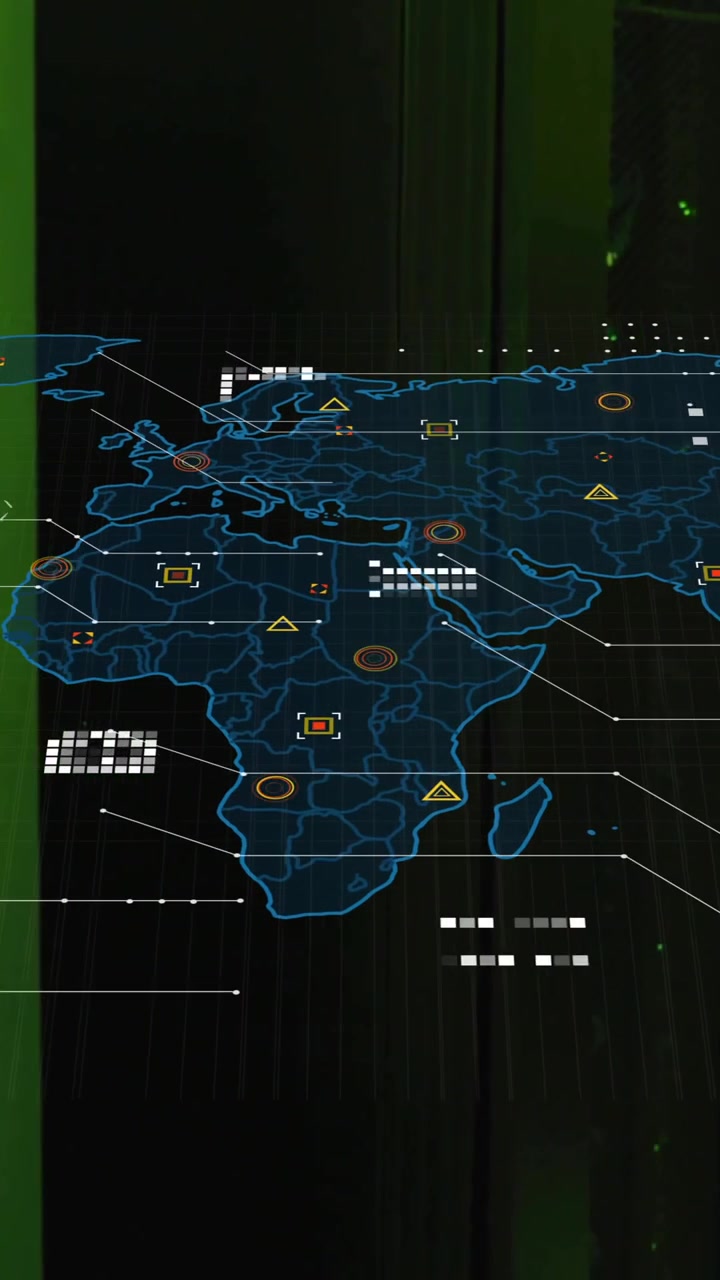 World map with data points and network connections animation over server room