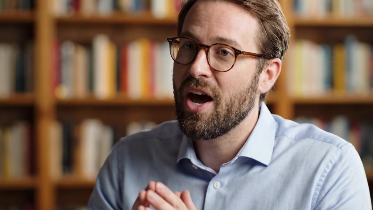 Un conversatore coinvolgente in un ambiente bibliotecario, che condivide con entusiasmo intuizioni con un'espressione pensierosa, circondato da libri e conoscenza