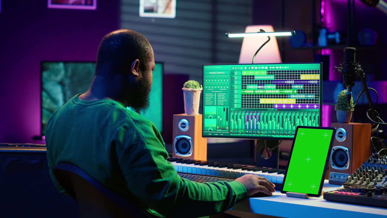 joven músico mezclando y masterizando canciones junto a una pantalla de maqueta aislada