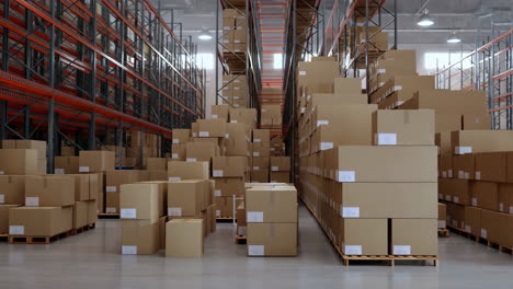 warehouse with stacks of cardboard boxes and storage racks