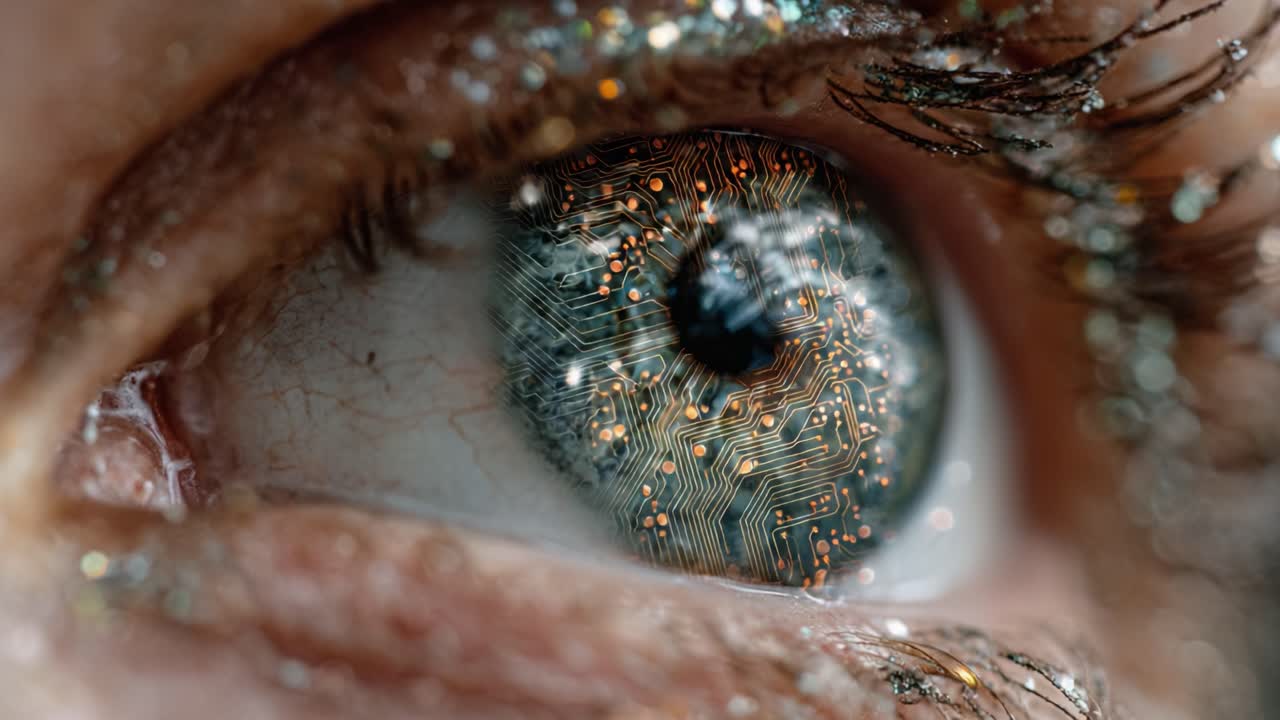 A Captivating Close-Up of an Eye Embedded with Intricate Circuit Patterns and Sparkling Glitter, Symbolizing the Fusion of Technology and Humanity