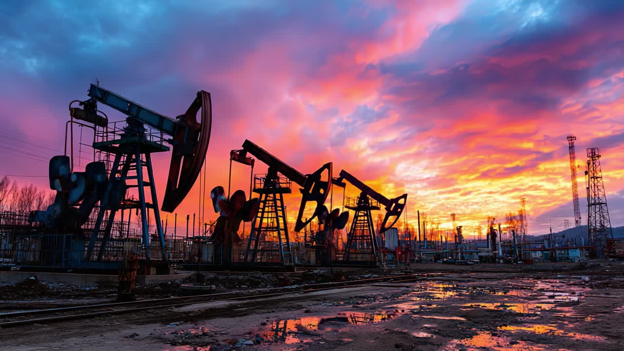 Petrol Pompaları Üzerinde Çarpıcı Gün Batımı: Endüstriyel Bir Peyzajda Alacakaranlıkta Parlak Zeminde Yansıyan Canlı Renkler