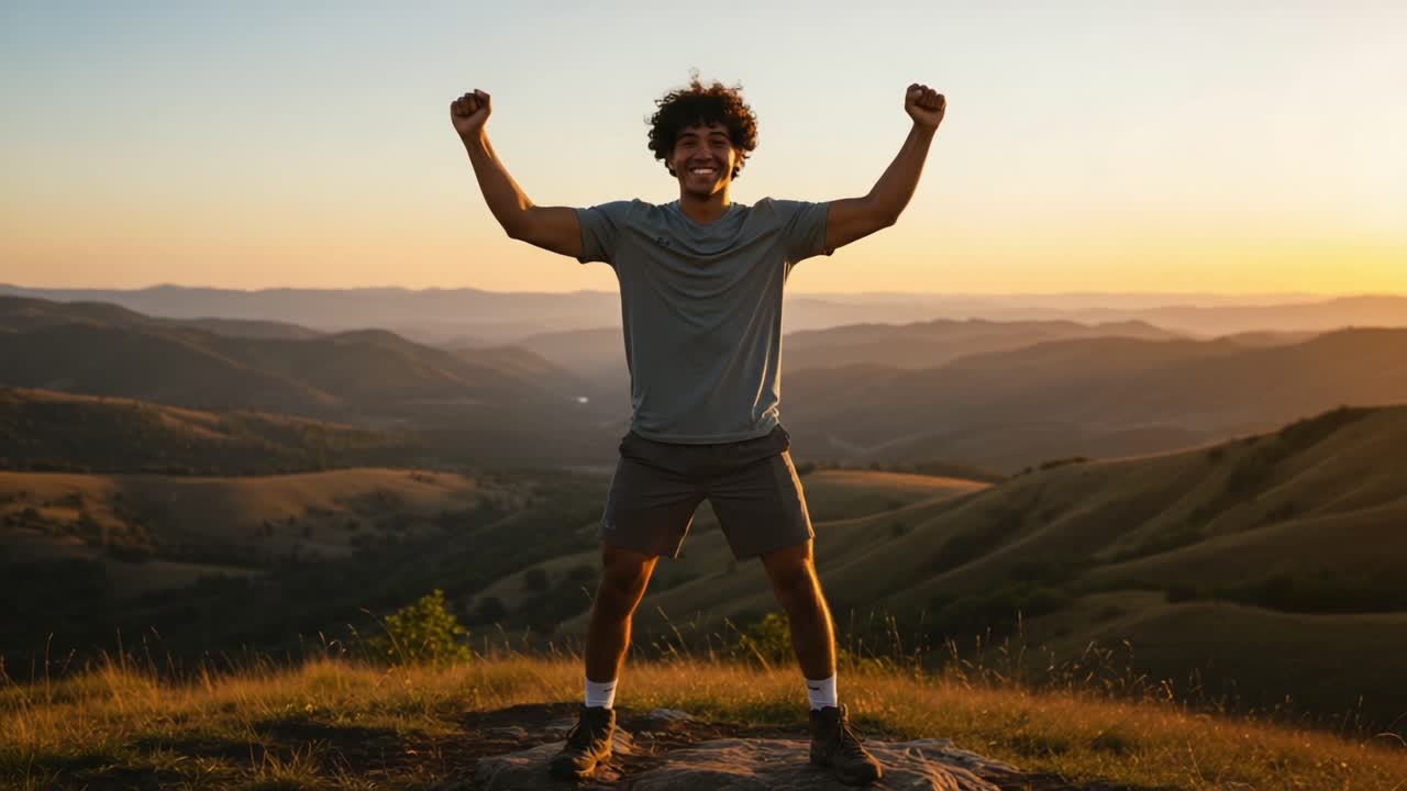 A Joyful Celebration of Life: Young Man Triumphantly Standing on a Mountain Top with the Sun Setting Over the Breathtaking Landscape in the Background