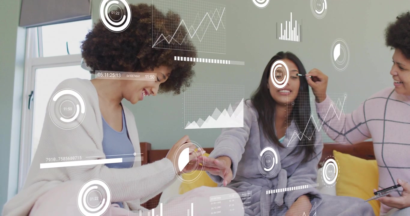 3 women, middle reaching left filing nails and right applying eye makeup HUD overlaying beauty data