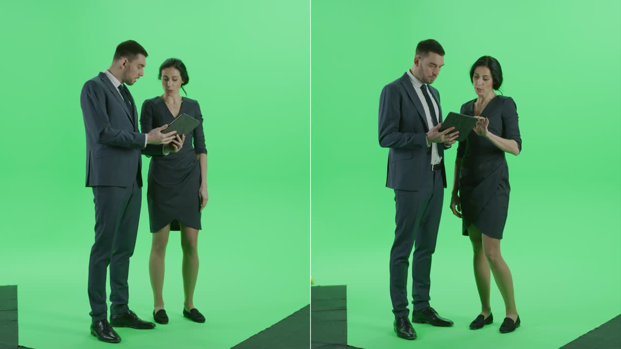 colage de pantalla verde 2-en-1: hermosa mujer de negocios y guapo hombre de negocios, de pie, hablando, sosteniendo una computadora portátil y usándola. paquete de mejor valor de ángulo múltiple: frente y vistas