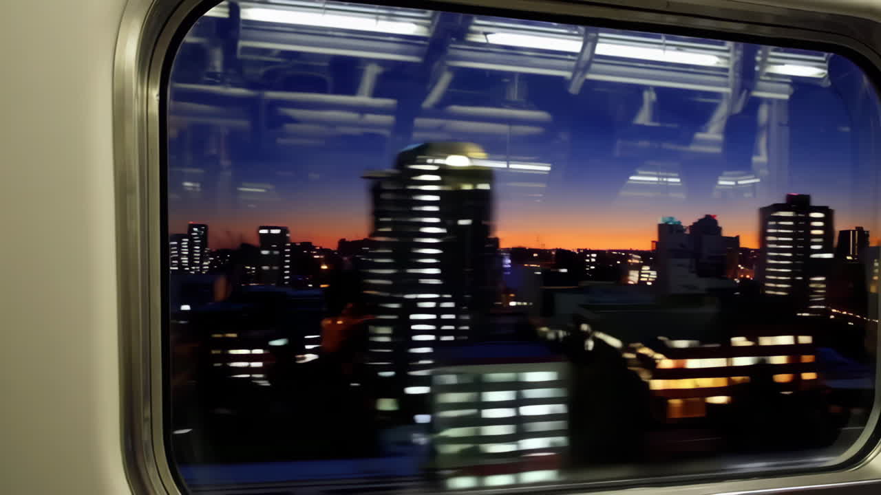 Cityscape Viewed Through a Train Window at Dusk