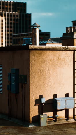 a city rooftop with electrical boxes and a ladder