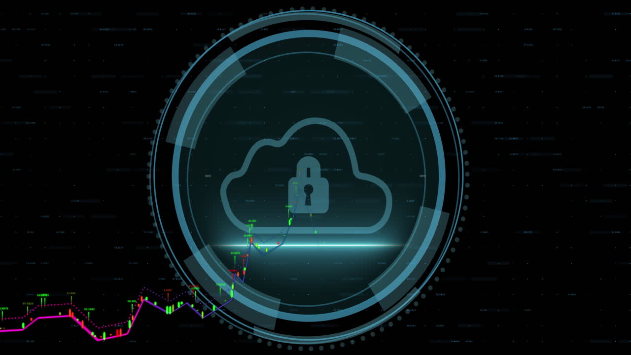 Animation of graph over padlock in cloud and circles against numbers on black background