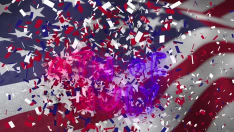 Animación-De-Texto,-4-De-Julio-Y-Confeti-Rojo,-Blanco-Y-Azul-Cayendo-Sobre-La-Bandera-Estadounidense-Ondeante