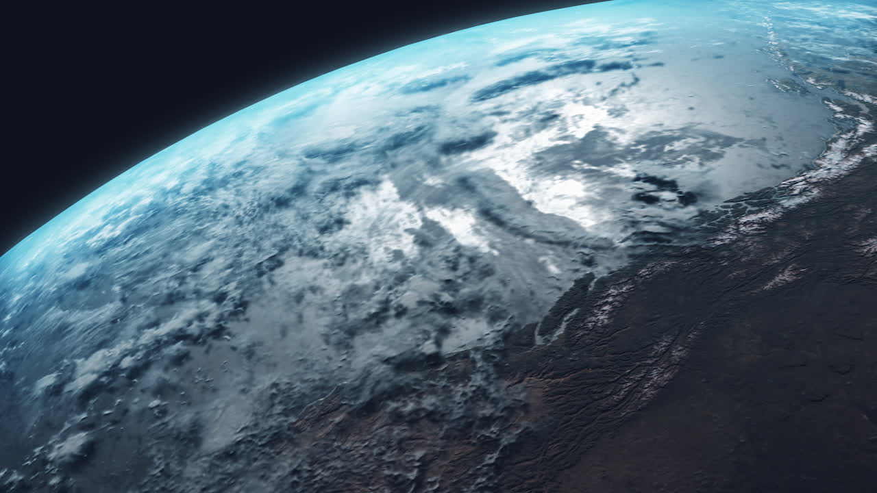 земля из космоса медленно вращается с видом с орбиты с сильным отражением солнца на море с динамичными облаками и атмосферой