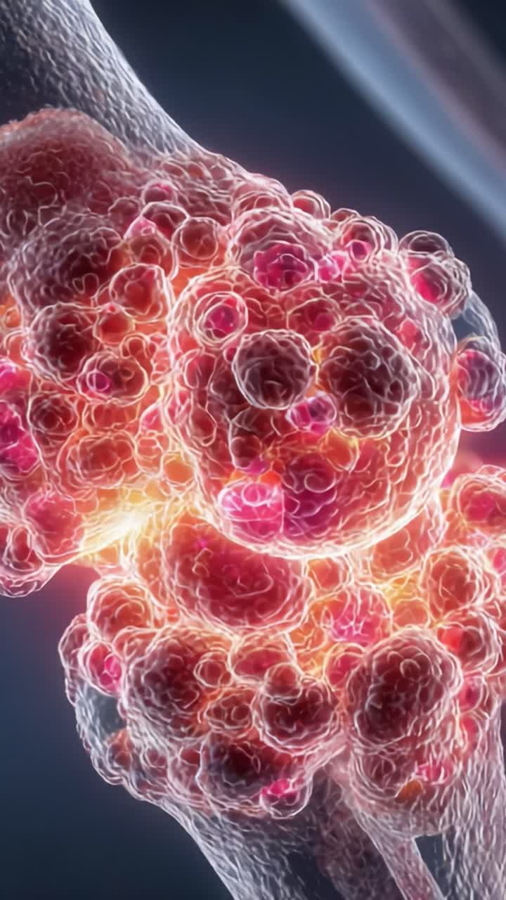 Rappresentazione visiva dinamica della proliferazione delle cellule tumorali in un ambiente 3D, che evidenzia la complessa struttura cellulare e l'attività a livelli microscopici