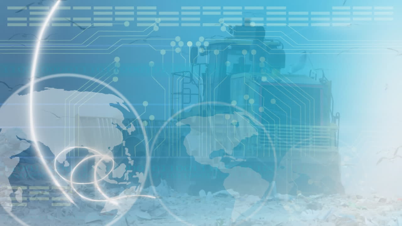 폐기물 처분장에서 불도저 위에서 회전하는 지구의 애니메이션