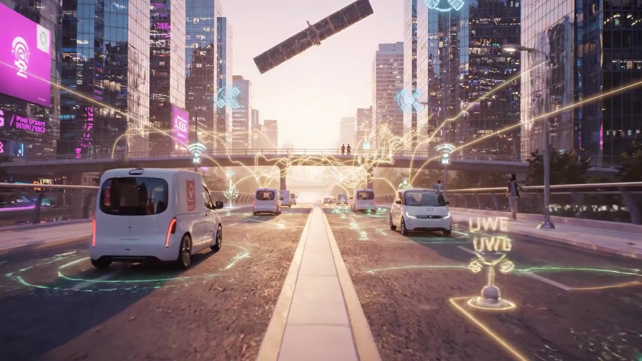 Futuristic cityscape showcasing advanced connectivity and autonomous vehicles on a modern highway, emphasizing smart technology and urban infrastructure innovation.