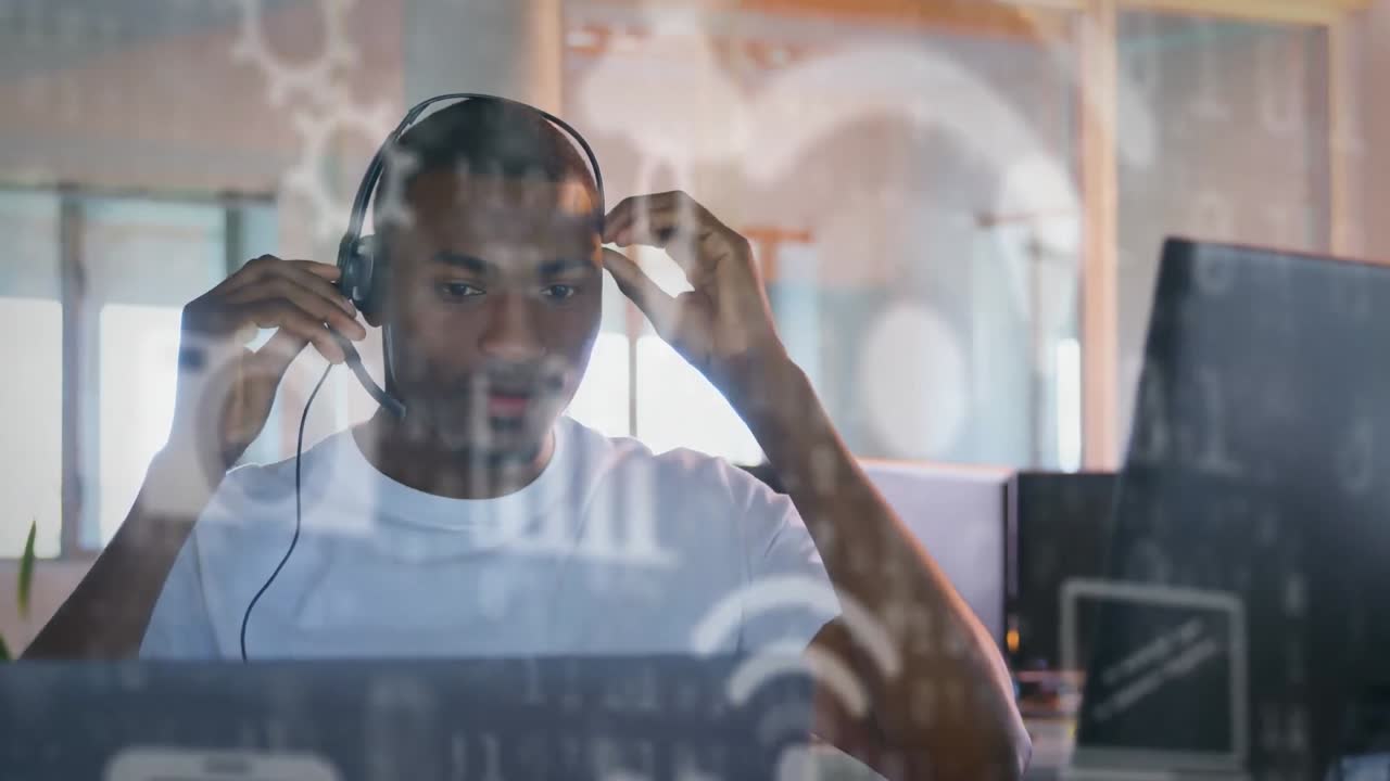 animación de afroamericanos poniendo auriculares en el procesamiento de datos y formularios