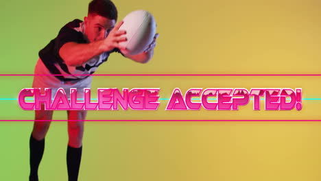 playing soccer, athlete with ball over challenge accepted! text animation on yellow background