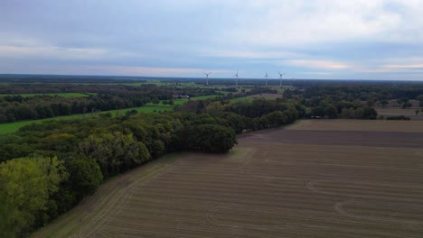 the edge of a forest bordering a plowed field in germany. best aerial view flight fly reverse drone