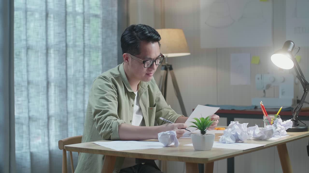 아시아 남자 디자이너는 사무실에서 레이아웃 본드를 보면서 긍정적으로 머리를 흔들고 있습니다.