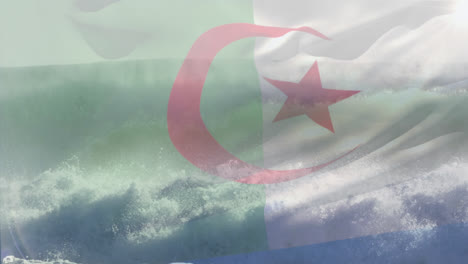 Animation-Der-Flagge-Algeriens,-Die-über-Wellen-Im-Meer-Weht