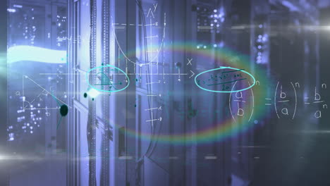 ecuaciones matemáticas y llamaradas de arco iris contra la sala de servidores vacía