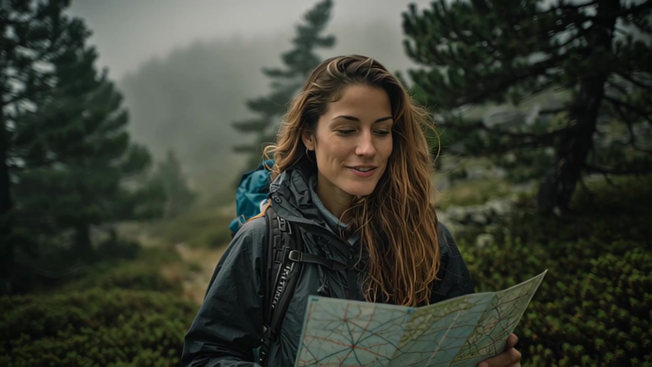 Footage of a young woman hiker with backpack holding a paper map on a foggy mountain forest trail, outdoor travel adventure concept with copy space