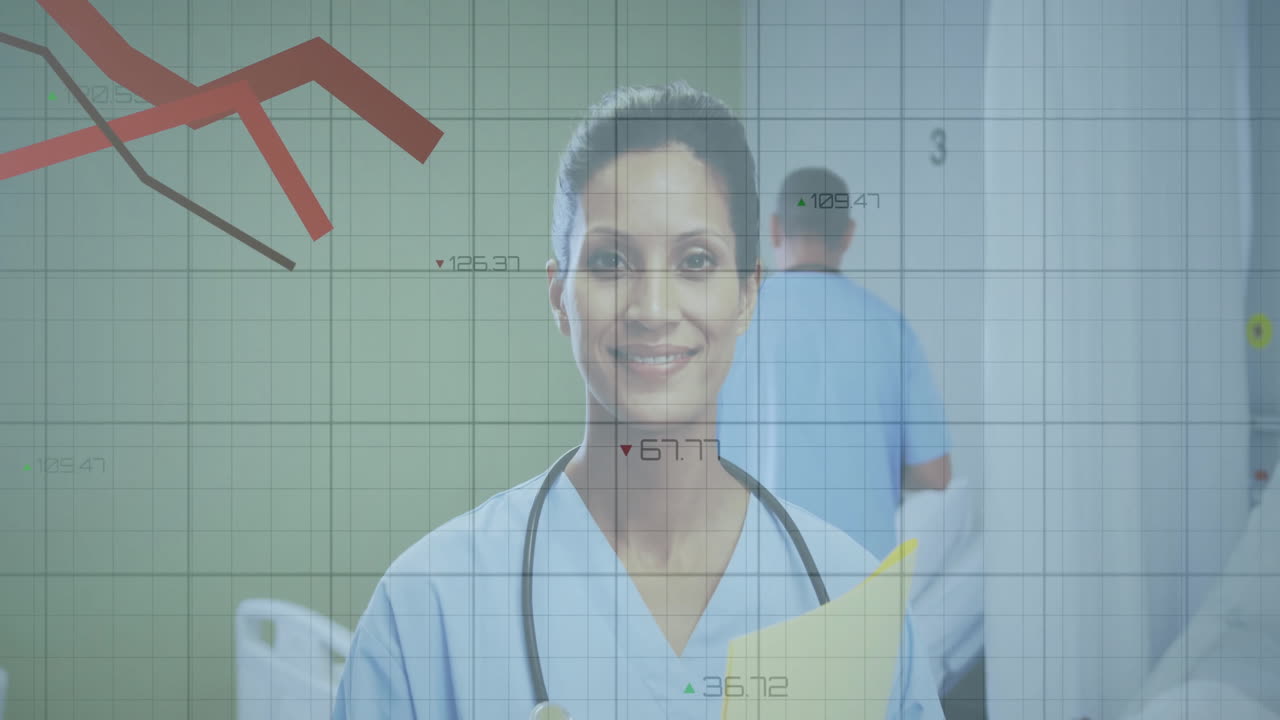 animación del procesamiento de datos sobre una doctora biracial en un hospital