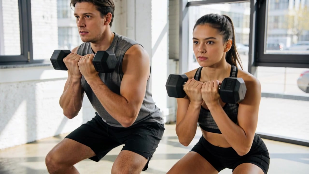 Coppia in squat che indossa abbigliamento sportivo, che tiene manubri esagonali all'altezza del petto in uno studio luminoso, inizio dell'allenamento