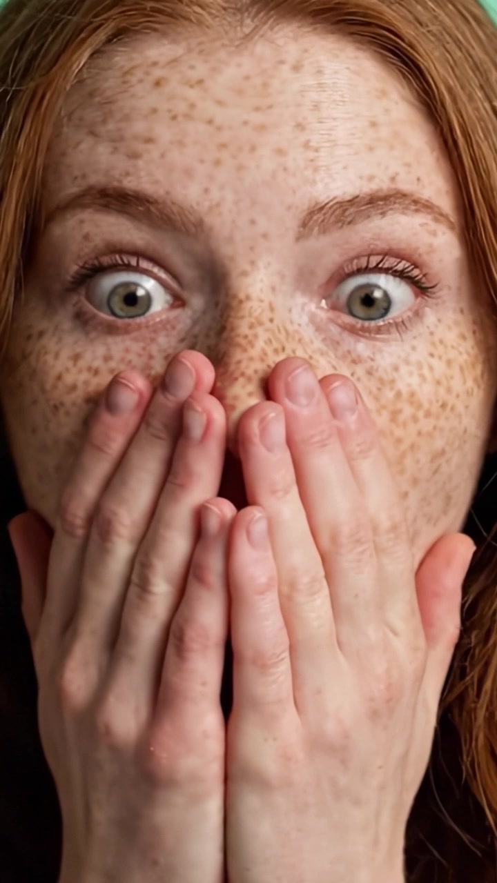 Espressione Stupita Catturata in Due Fotogrammi: Un Primo Piano di una Giovane Donna con le Lentiggini che Vive un Momento di Sorpresa o Shock