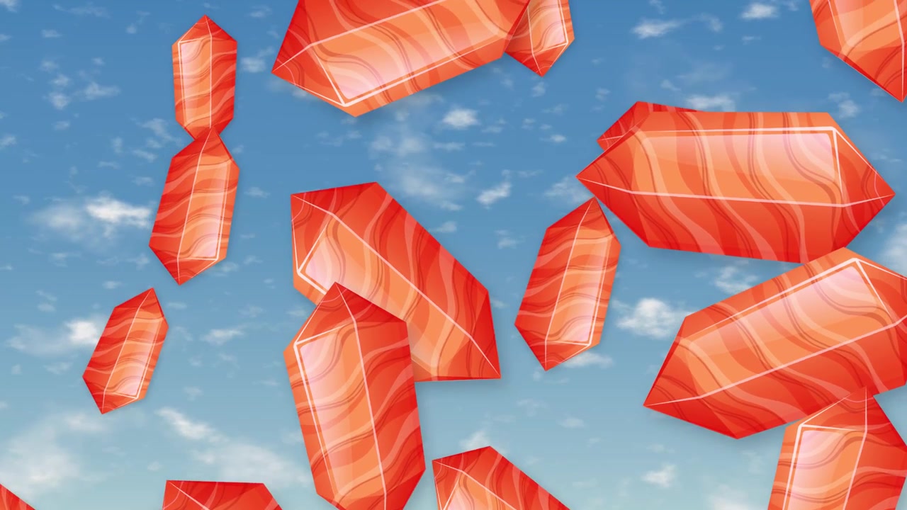 Stylized red geometric crystals fall continuously against a bright blue sky with soft clouds.