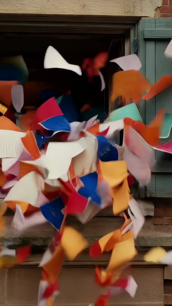 Vertical video: Bursting from brick window, bright papers pouring past shutter and sill by wind