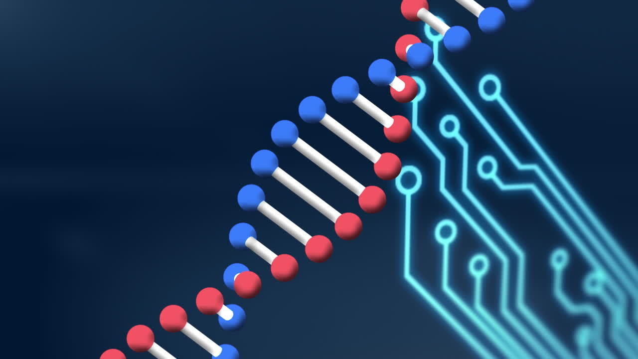 Animation of spinning dna strand over computer circuit board
