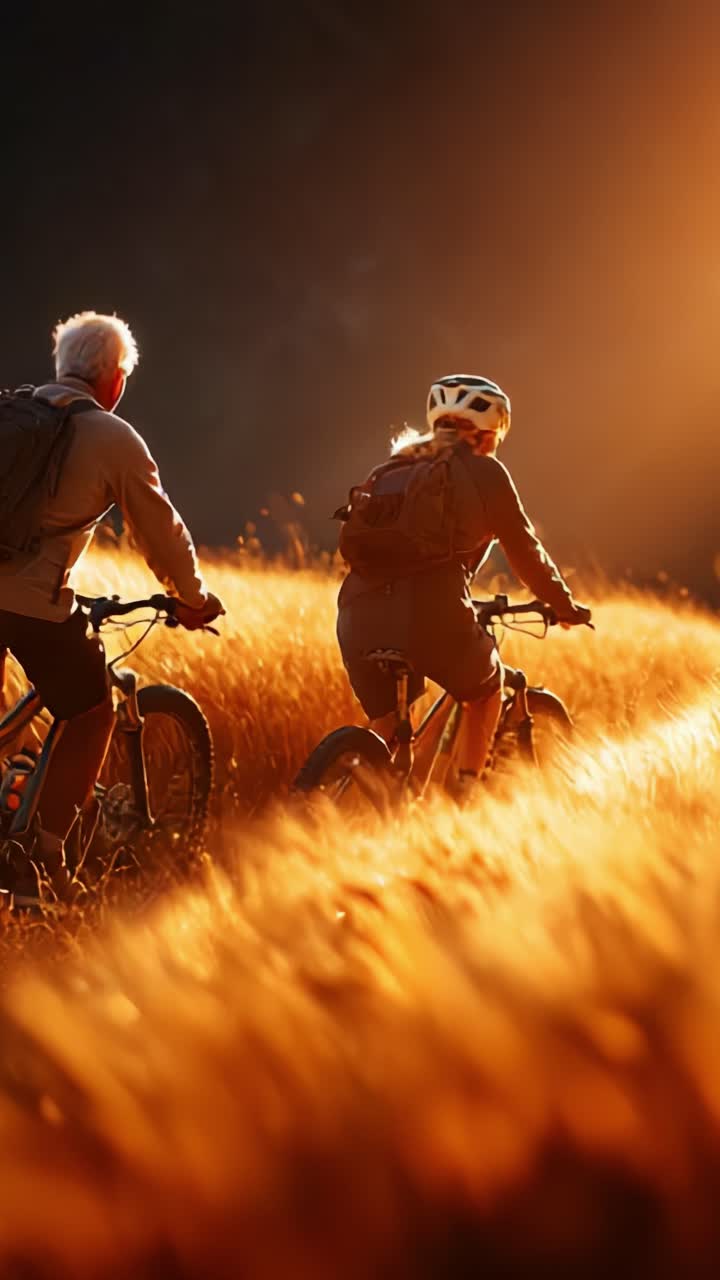 Cycling Through a Golden Landscape at Sunset, Embracing Nature's Beauty and Togetherness on a Journey with Friends in an Idyllic Outdoor Setting