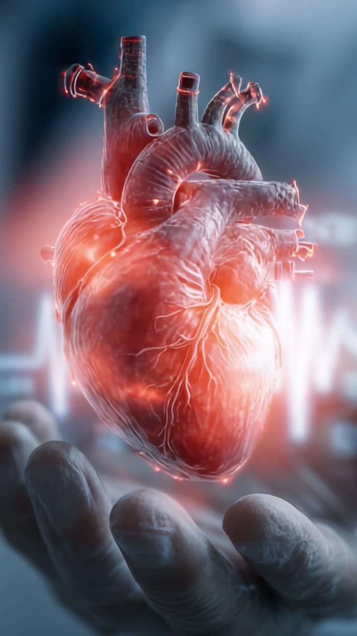 A Human Heart Surrounded by a Glowing Aura Representing Life and Vitality, Held Gently in a Hand with Heartbeat Visualization in the Background