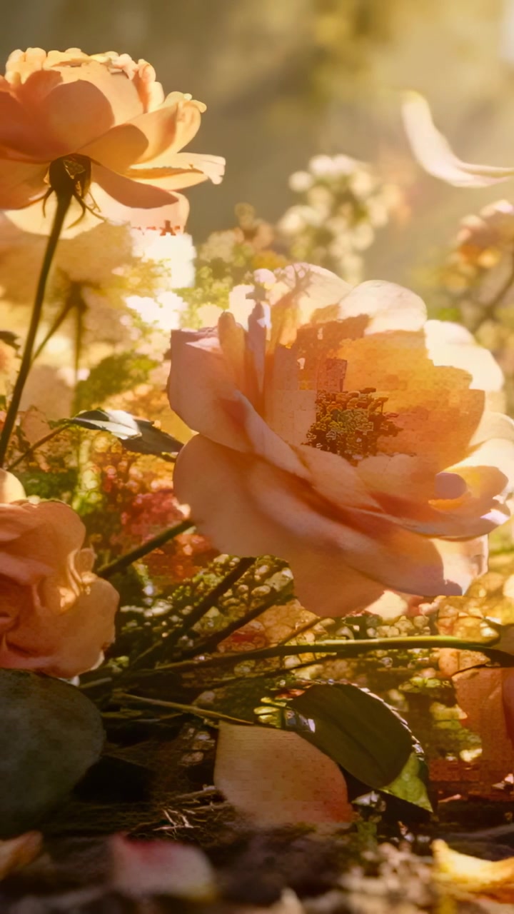 Video verticale: Petalo che si stacca e scivola via da una rosa color pesca in un'aiuola, mosso dalla brezza e illuminato dai raggi del sole.