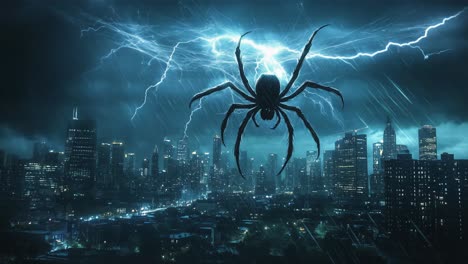 giant spider terrorizes a city at night
