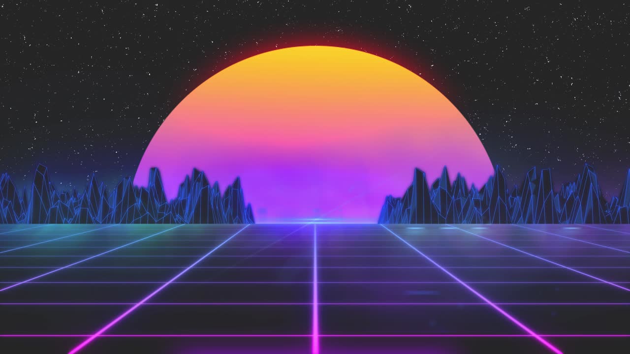 Stylized vintage 3D animation background with mountains, sun and glowing stars. 80s retro futuristic sci-fi seamless loop