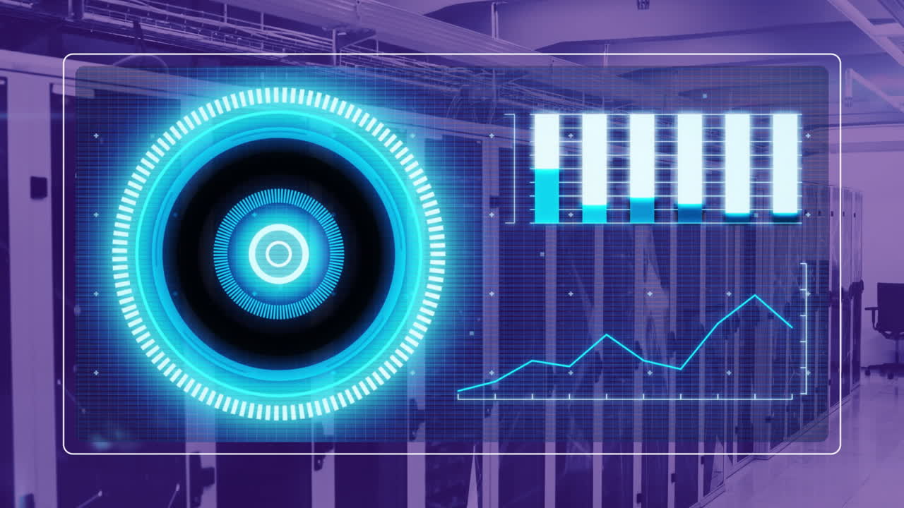 animación de diagramas, escaneo de alcance y procesamiento de datos en la sala del servidor
