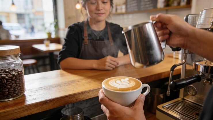 Pouring coworker using metal jug at counter, barista in brown apron receiving cup for service