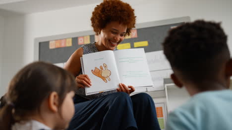 una maestra lee a alumnos de escuela primaria multicultural sentados en el suelo en la clase