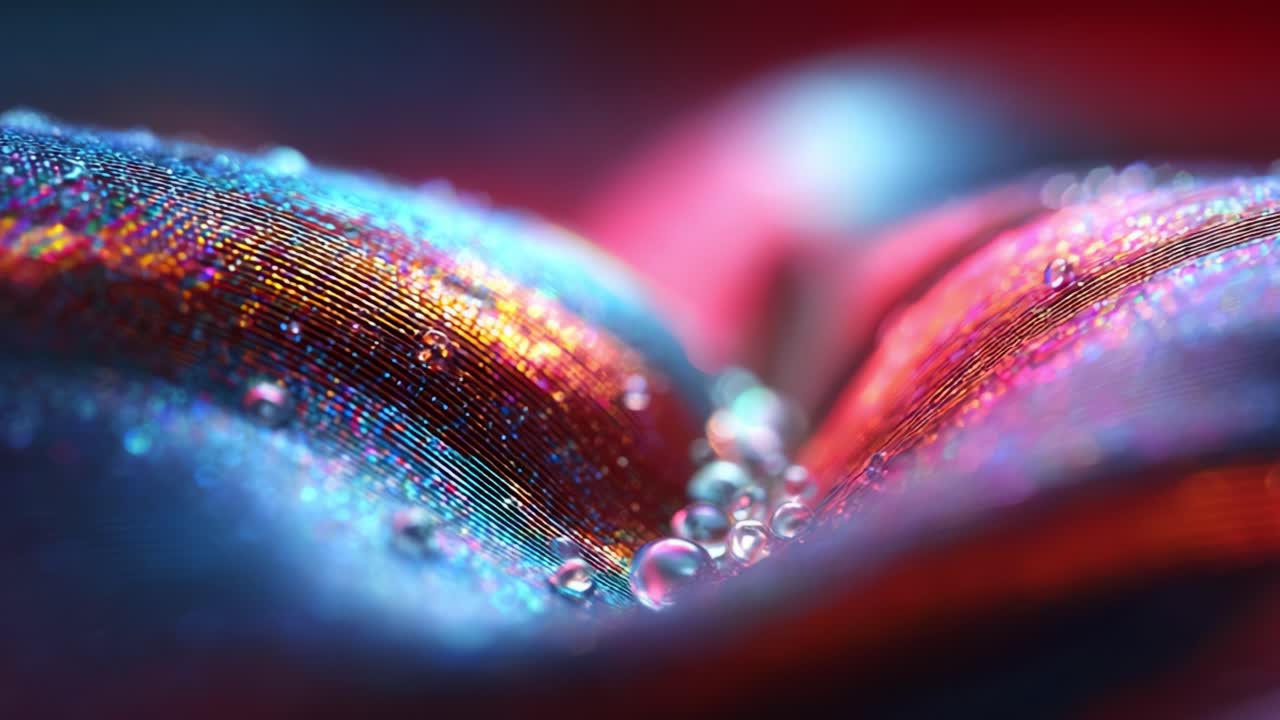 Macro view of shimmering fabric showcasing a mesmerizing blend of colors and droplets, creating a dynamic interplay of light and texture that captures the essence of elegance and beauty