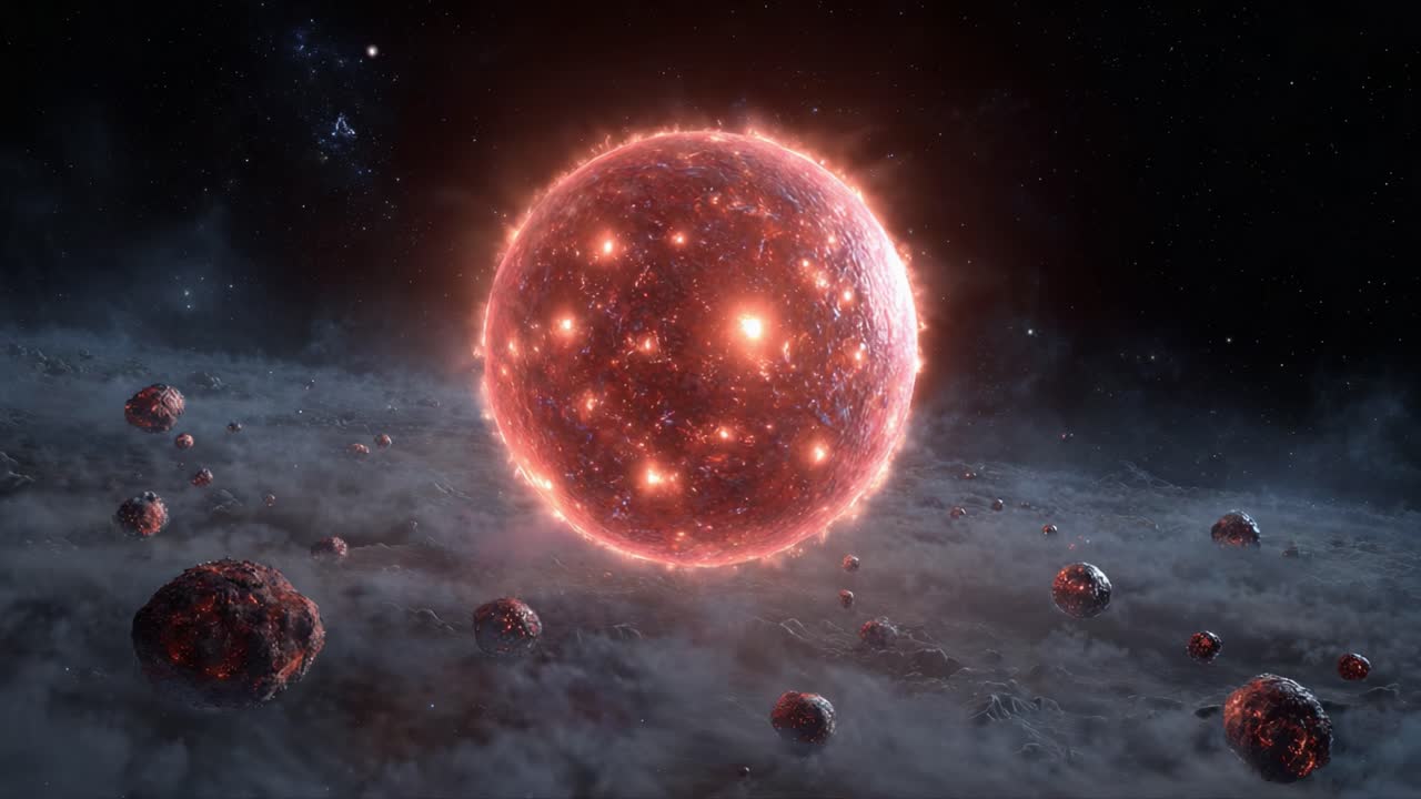 A Stunning Celestial Scene Depicting a Fiery Star Surrounded by Mysterious Orbs in the Vastness of Space, Radiating Light Across a Dark Cosmos