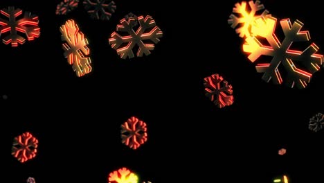 brillantes copos de nieve digitales de oro 3d en fondo negro. abstractos copos de neve que caen partículas de nieve fondo de animación de bucle 4k. feliz navidad, año nuevo, boda, celebración, saludos.
