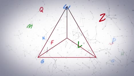Animation-of-triangle-and-letters,-over-network-of-communications,-on-white